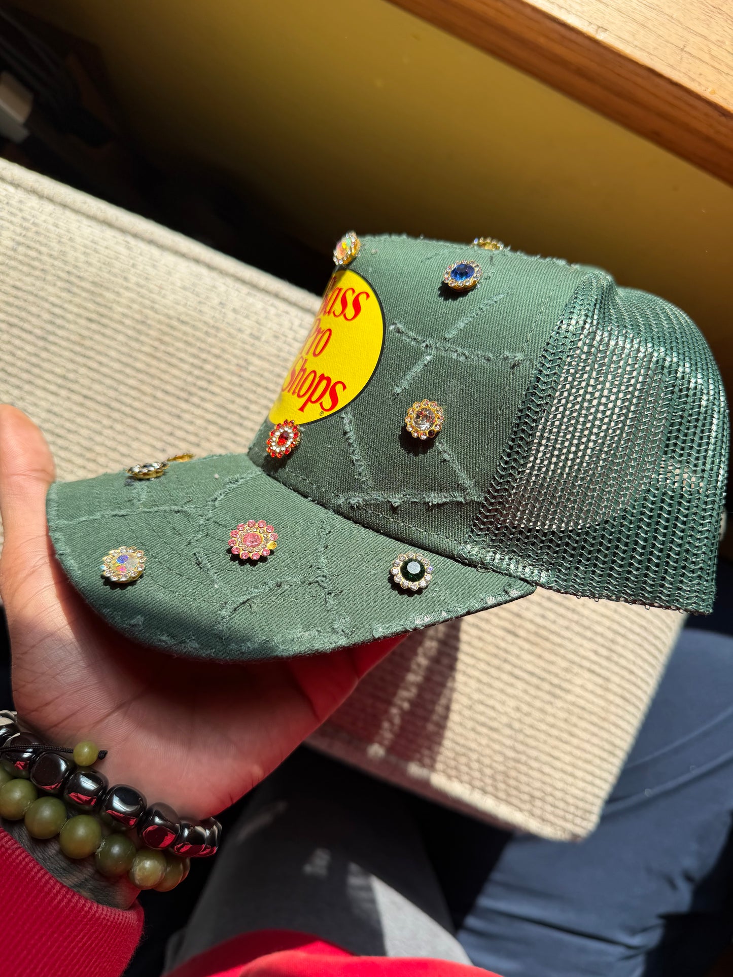 Green Distressed Trucker W Gems