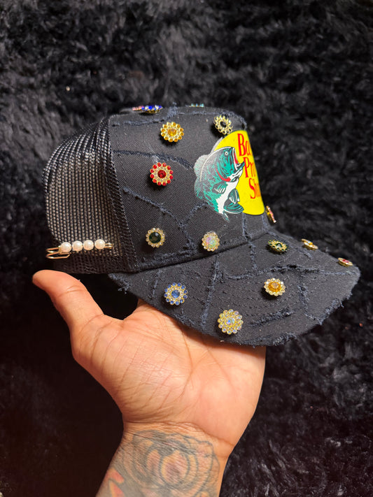 Black Distressed Trucker W Gems