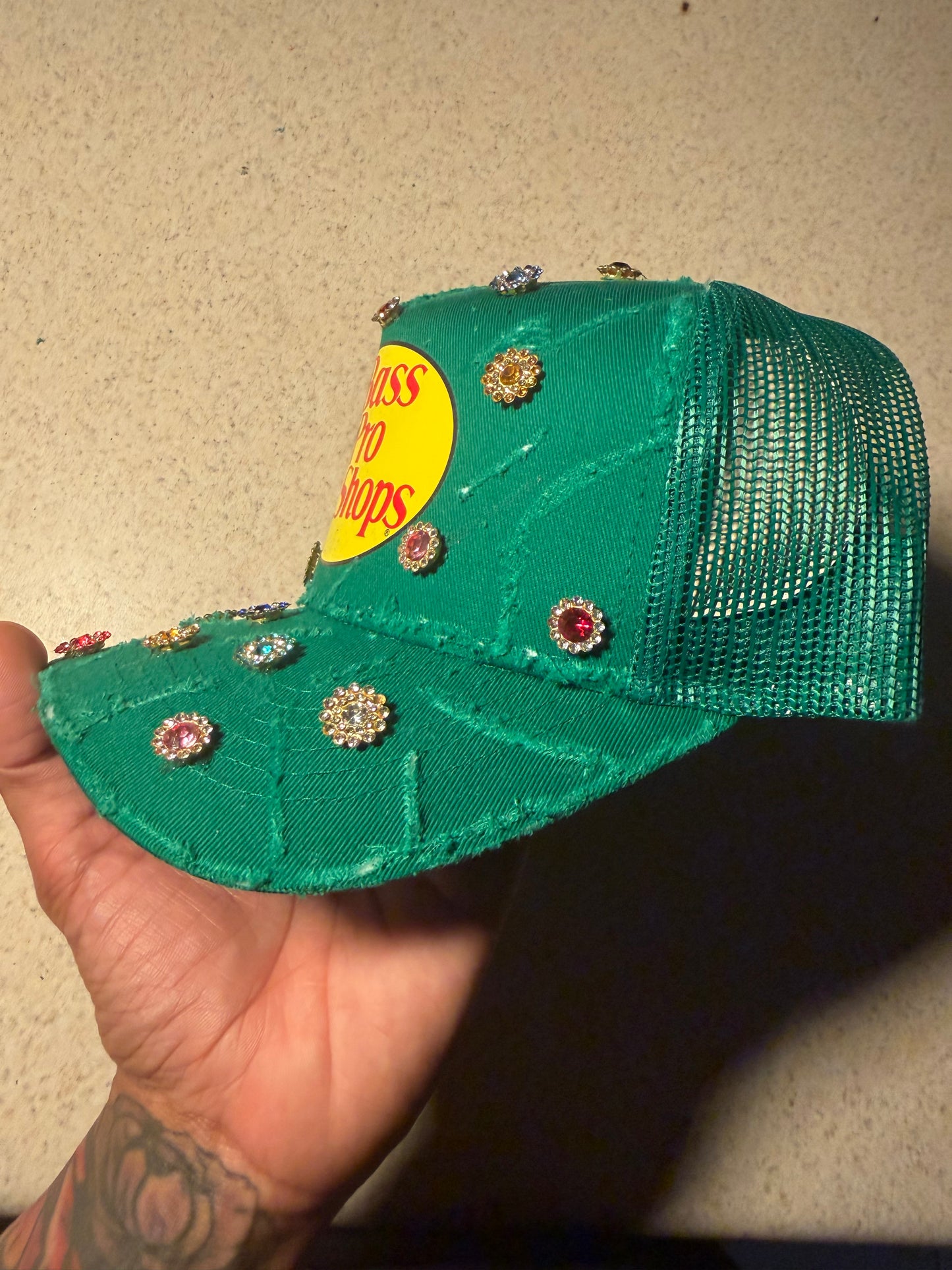 Green Distressed Trucker w Gems