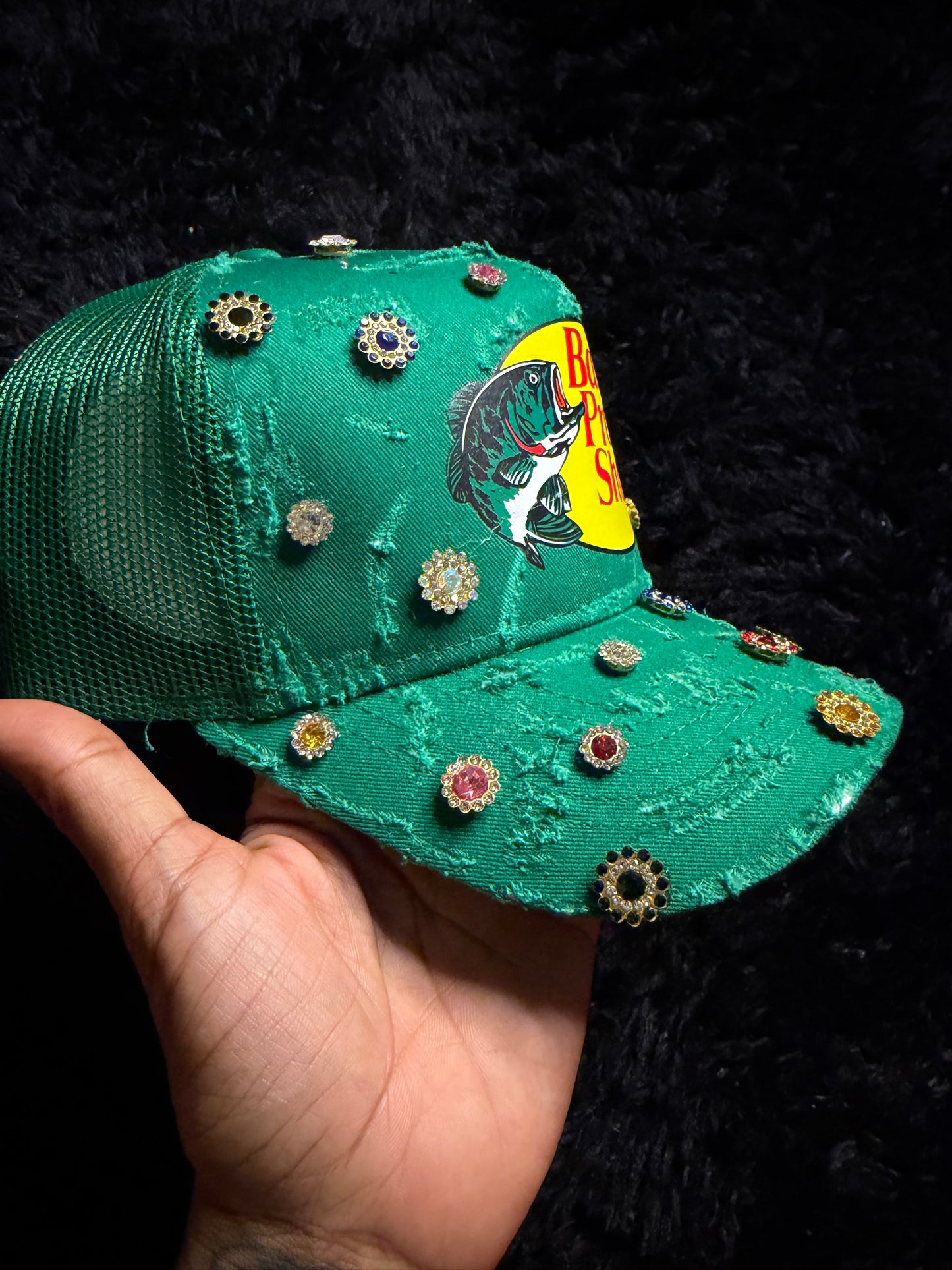 Green Distressed Trucker W Gems