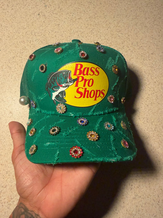 Green Distressed Trucker w Gems