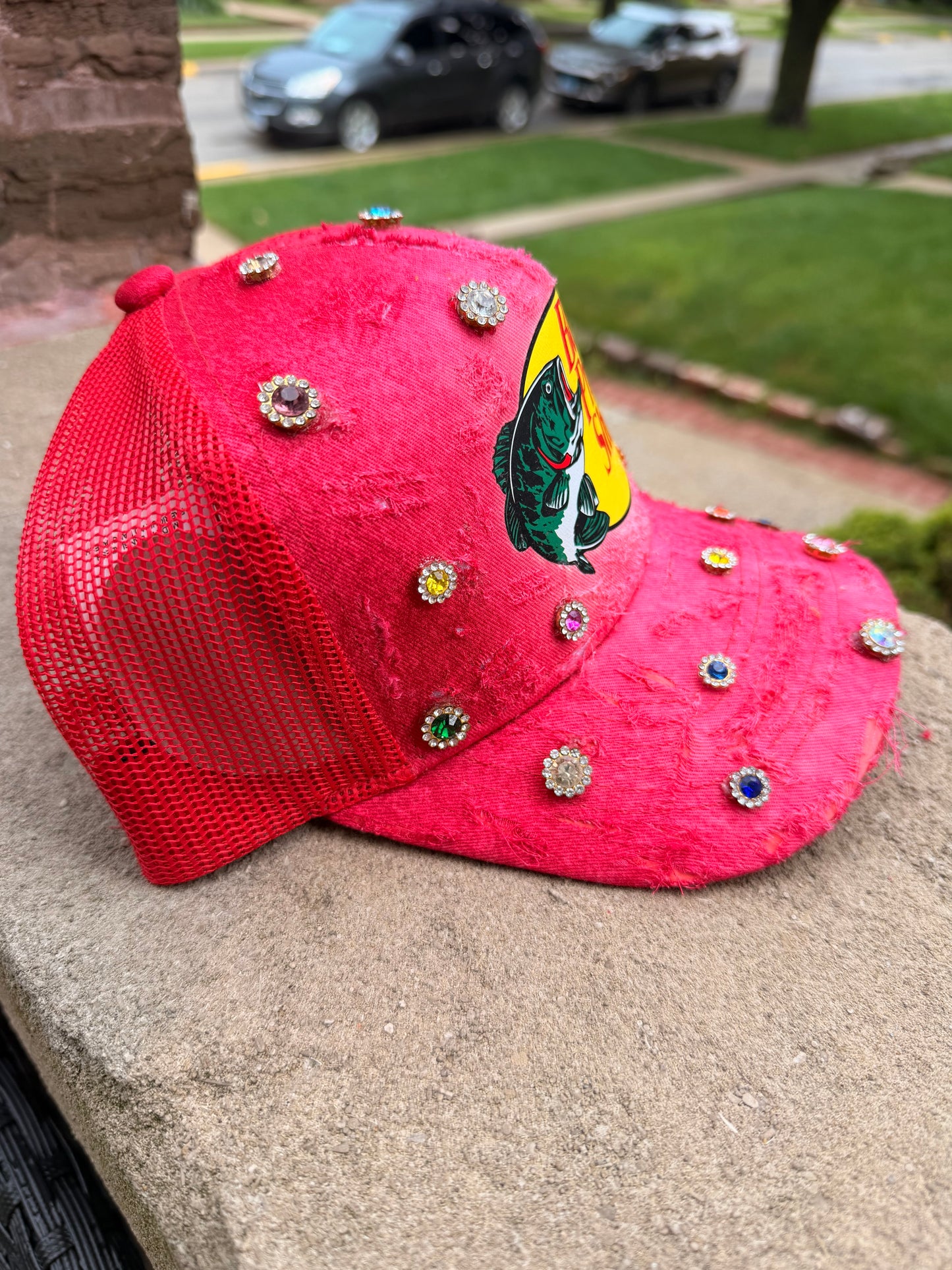 Raw Red Acid Wash Trucker w Gems
