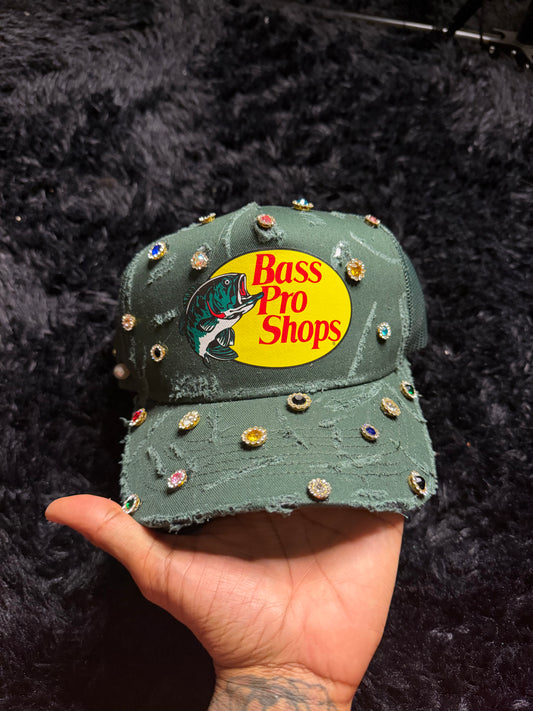 Hunter Green Distressed Trucker w Gems