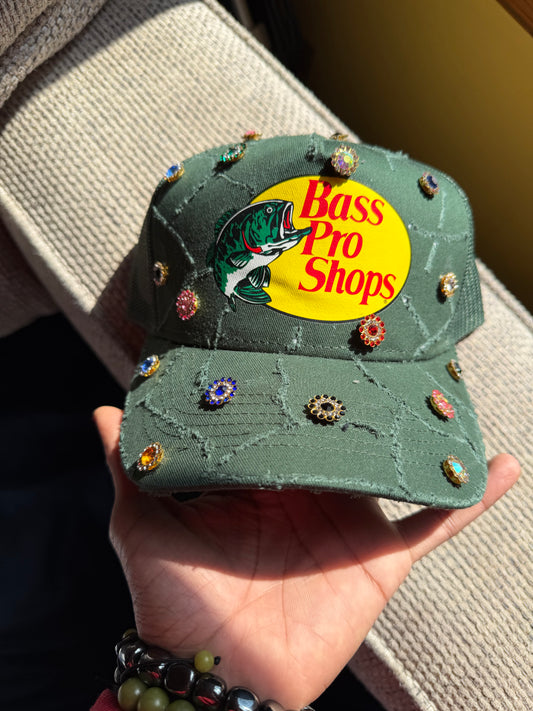 Green Distressed Trucker W Gems