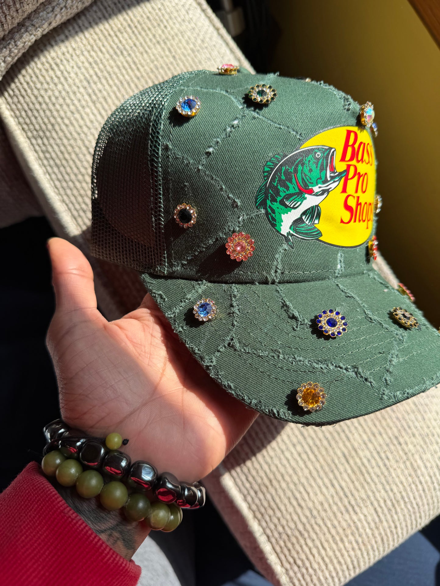 Green Distressed Trucker W Gems