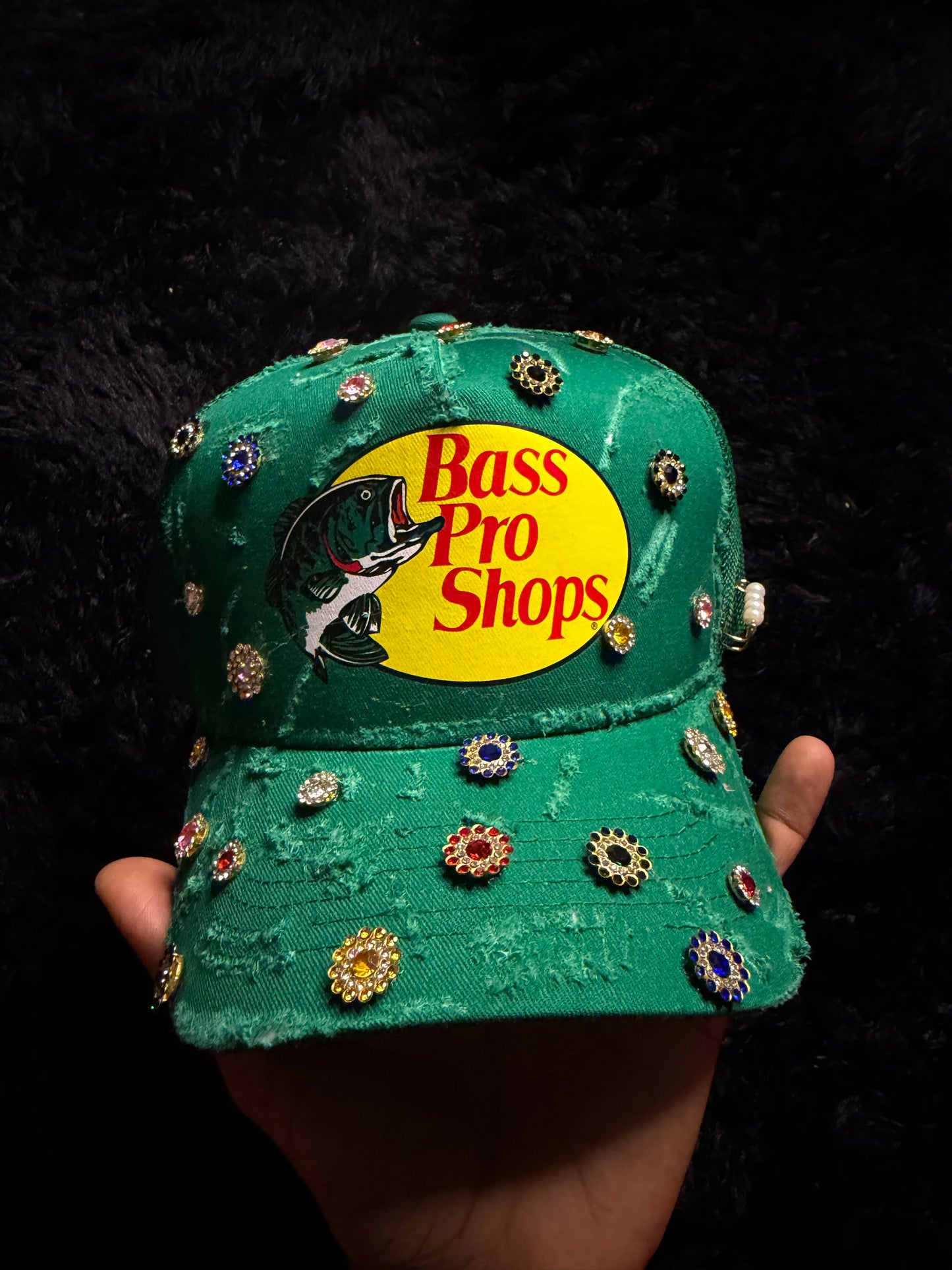 Green Distressed Trucker W Gems