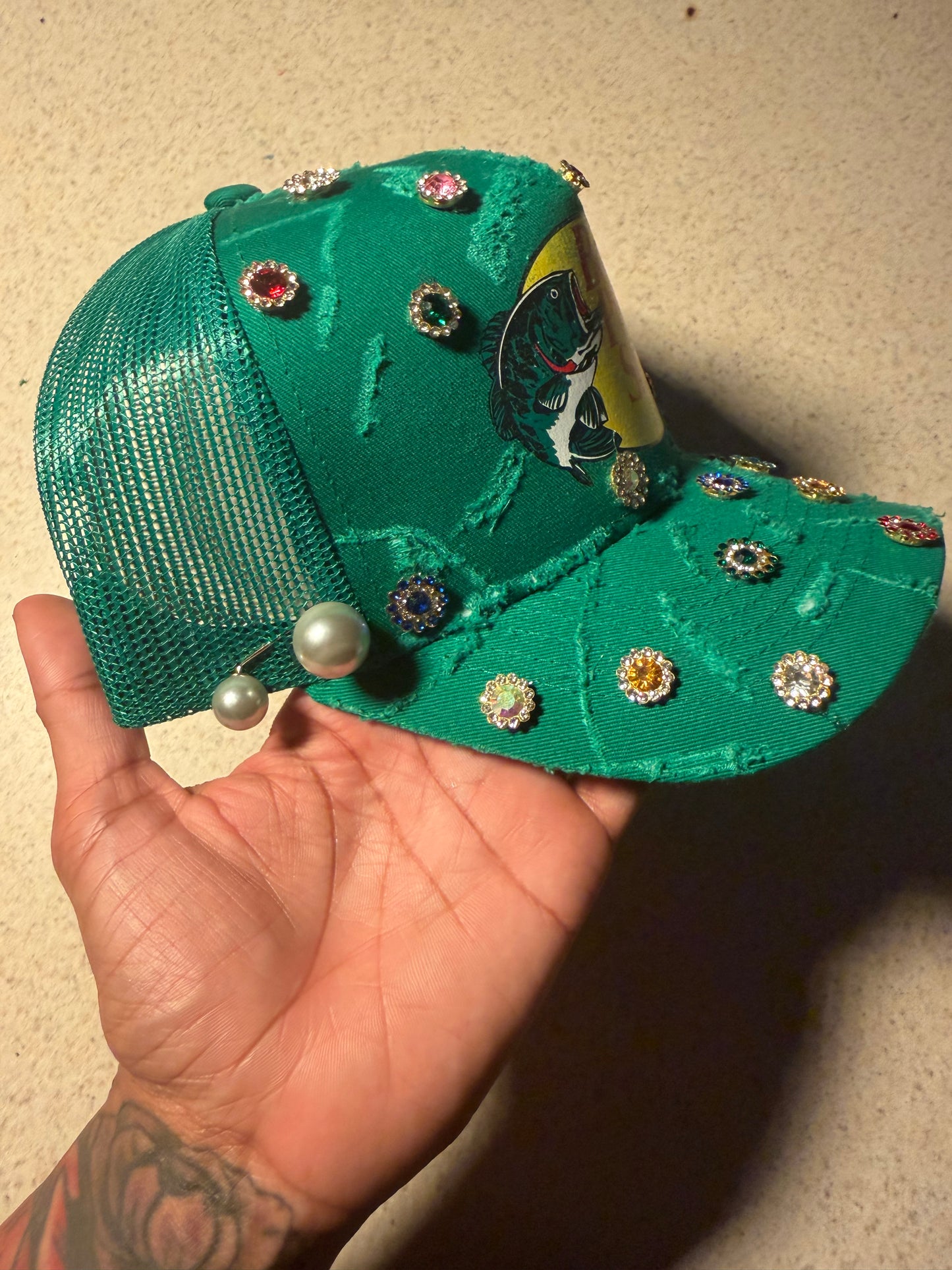 Green Distressed Trucker w Gems
